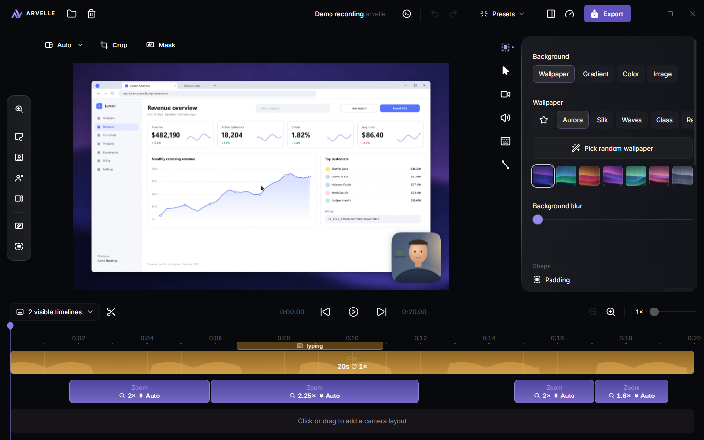 The Arvelle editor with a preview, a settings sidebar and a timeline with clip and zoom tracks